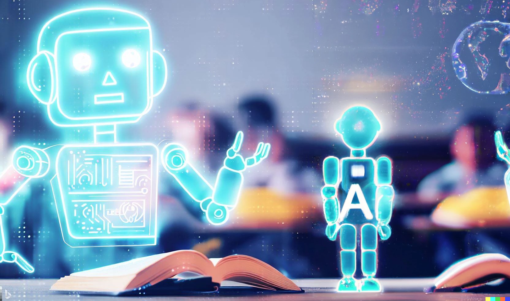 Neon outline of a robot in a classroom with an open book to the left of the screen. On the right of the screen there is a small robot standing on the desk.